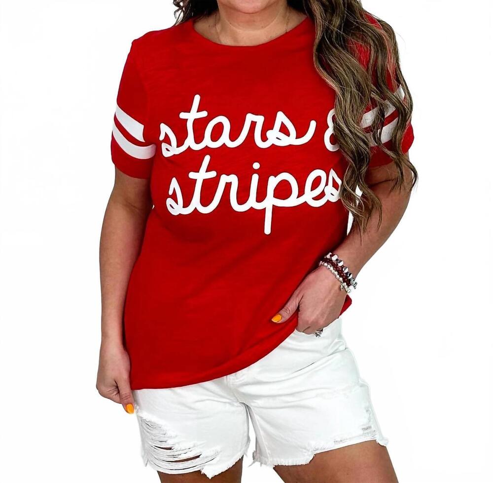 NEW AMPERSAND AVE cue the sparklers cotton short sleeve graphic top in red